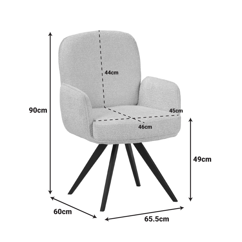 Novo pakoworld swivel armchair, white bouclé fabric, black metal legs, 65.5x60x90cm