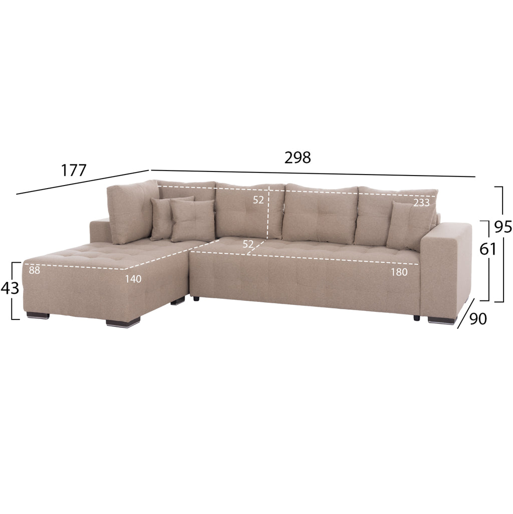 ΓΩΝΙΑΚΟΣ ΚΑΝΑΠΕΣ-ΚΡΕΒΑΤΙ ΜΕ ΑΠΟΘ.ΧΩΡΟ TRENDSTON HM3302.03L ΜΠΕΖ ΥΦΑΣΜΑ 298x177x95Υεκ