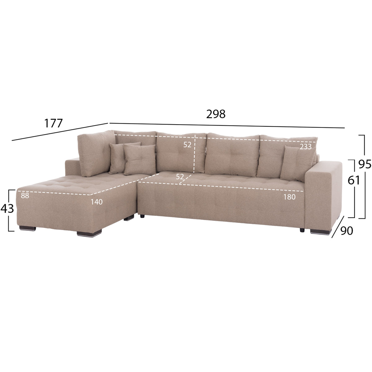 ΓΩΝΙΑΚΟΣ ΚΑΝΑΠΕΣ-ΚΡΕΒΑΤΙ ΜΕ ΑΠΟΘ.ΧΩΡΟ TRENDSTON HM3302.03L ΜΠΕΖ ΥΦΑΣΜΑ 298x177x95Υεκ