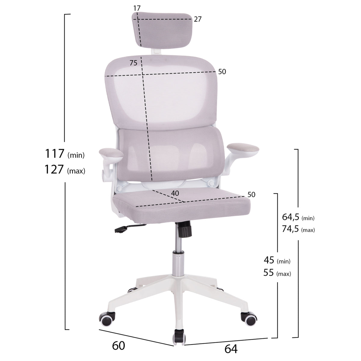 ΚΑΡΕΚΛΑ ΓΡΑΦΕΙΟΥ BASTON HM18236.03 ΓΚΡΙ MESH & ΛΕΥΚΟΣ PP ΣΚΕΛΕΤΟΣ 64x60x127Υεκ.