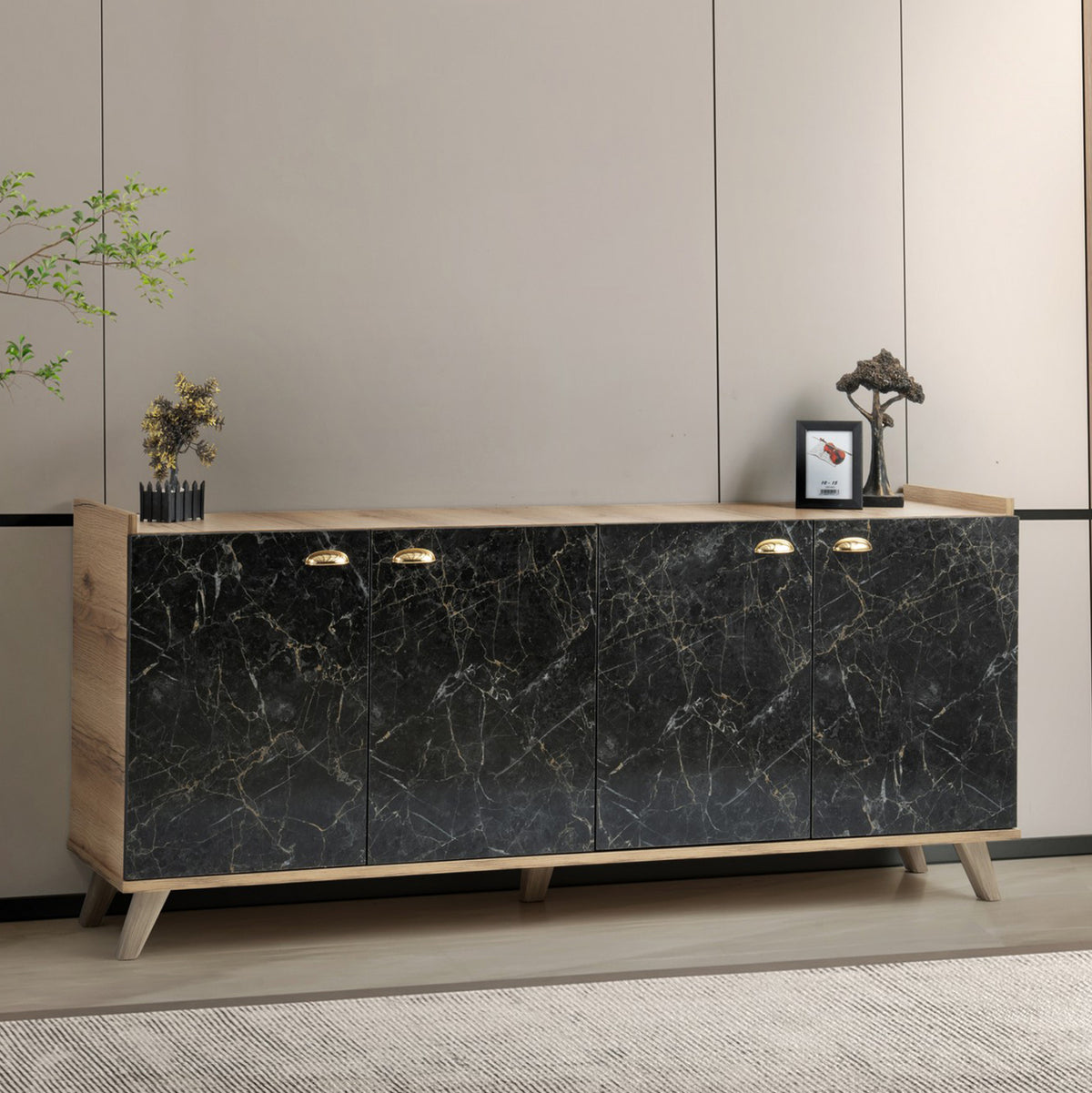 ΜΠΟΥΦΕΣ ΜΕΛΑΜΙΝΗΣ HM9045.01 NATURAL WOOD - ΜΑΥΡΟ ΜΑΡΜΑΡΟ 180x41x77,8Y εκ.